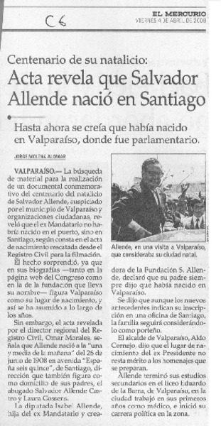 Acta revela que Salvador Allende nació en Santiago