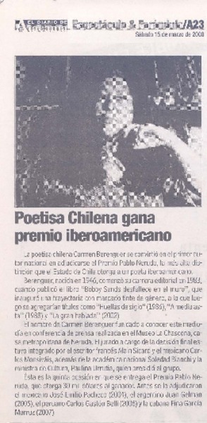 Poetisa chilena gana premio iberoamericano