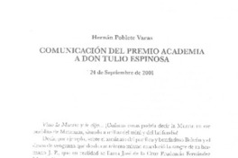 Comunicación del Premio Academia a don Tulio Espinosa