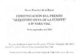 Comunicación del Premio "Alejandro Silva de la Fuente" a Da. Sara Vial