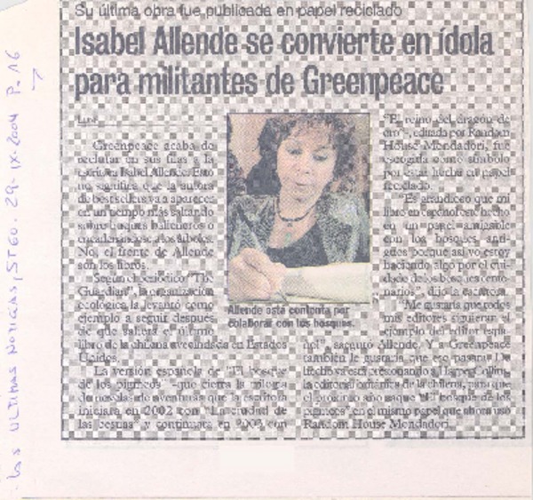 Isabel Allende se convierte en ídola para militantes de Greenpeace
