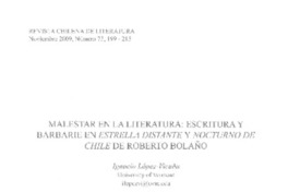 Malestar en la literatura: Escritura y barbarie en Estrella Distante y Nocturno de Chile de Roberto Bolaño