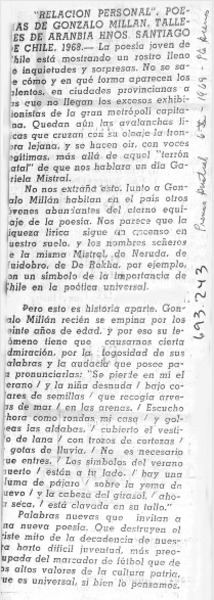 "Relación personal", poemas de Gonzalo Millán.