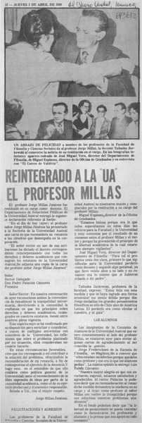 Reintegrado a la "UA" el profesor Millas.