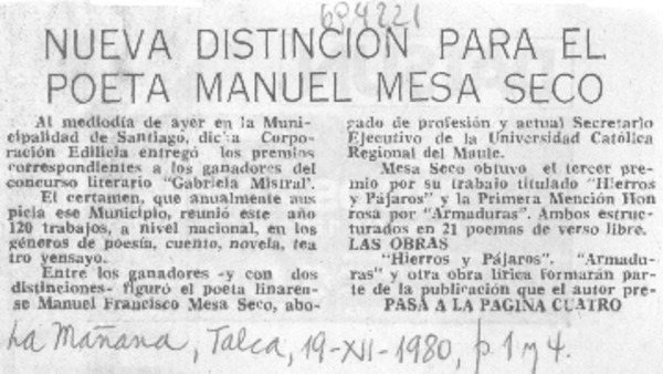 Nueva distinción para poeta Manuel Mesa Seco.