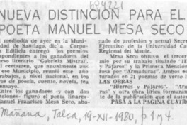 Nueva distinción para poeta Manuel Mesa Seco.