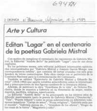 Editan "Lagar" en el centenario de la poestisa Gabriela Mistral.