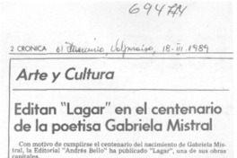 Editan "Lagar" en el centenario de la poestisa Gabriela Mistral.