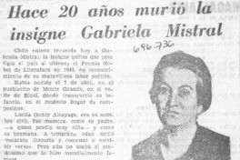 Hace 20 años murió la insigne Gabriela Mistral.