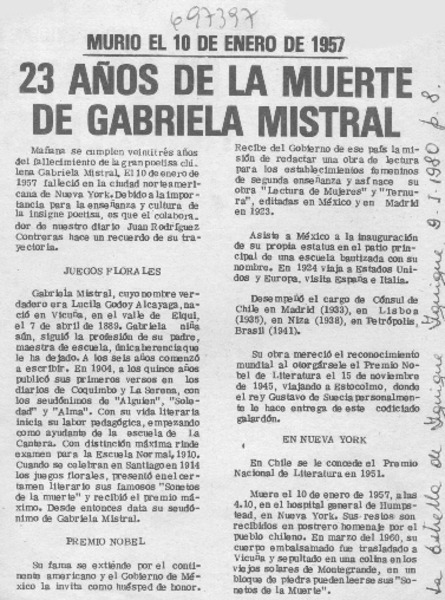 23 años de la muerte de Gabriela Mistral.
