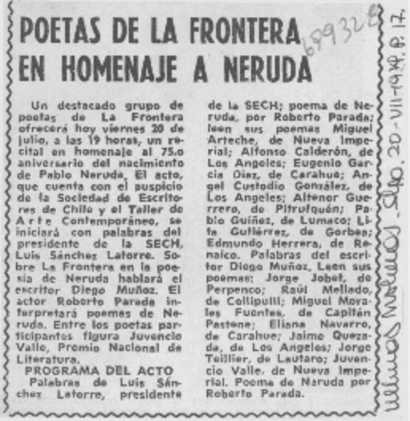 Poetas de la fontera en homenaje a Neruda.