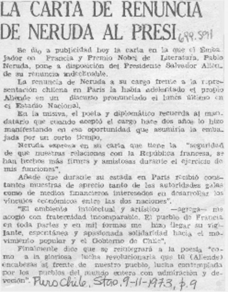 La Carta de renuncia de Neruda al presi.