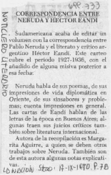 Correspondencia entre Neruda y Héctor Eandi.