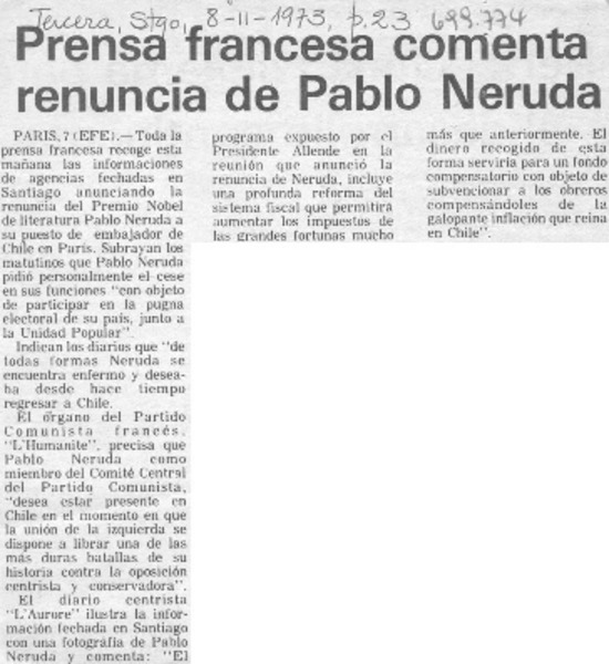 Prensa francesa comenta renuncia de Pablo Neruda.