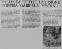 Fallecimiento de la insigne poetisa Gabriela Mistral.