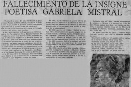 Fallecimiento de la insigne poetisa Gabriela Mistral.