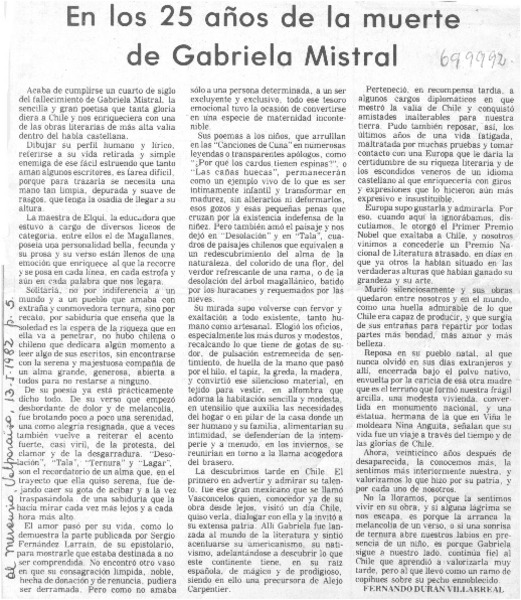 En los 25 años de la muerte de Gabriela Mistral