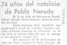 74 años del natalicio de Pablo Neruda
