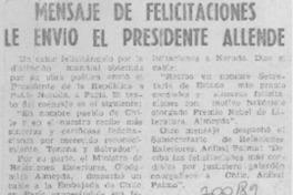Mensaje de felicitaciones le envió el presidente Allende.