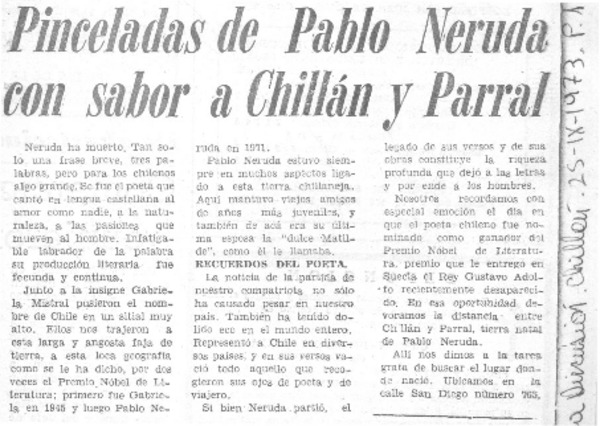 Pinceladas de Pablo Neruda con sabor a Chillán y Parral.