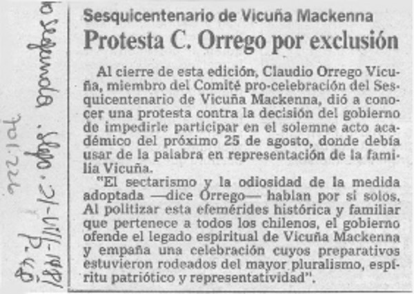 Protesta C. Orrego por exclusión.