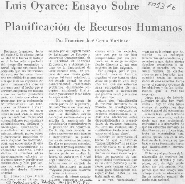 Luis Oyarce, Ensayo sobre planificación de recursos humanos