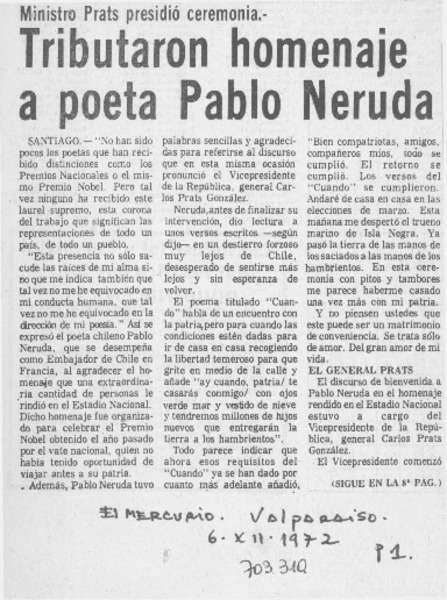 Tributaron homenaje a poeta Pablo Neruda.