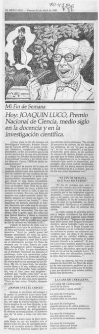 Hoy, Joaquín Luco, Premio Nacional de Ciencia, medio siglo en la docencia y en la investigación científica.