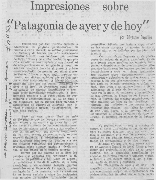 Impresiones sobre "Patagonia de ayer y de hoy"
