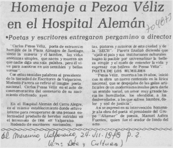 Homenaje a Pezoa Véliz en el hospital Alemán.