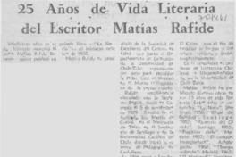 25 años de vida literaria del escritor Matías Rafide.