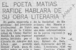 El poeta Matías Rafide hablará de su obra literaria.
