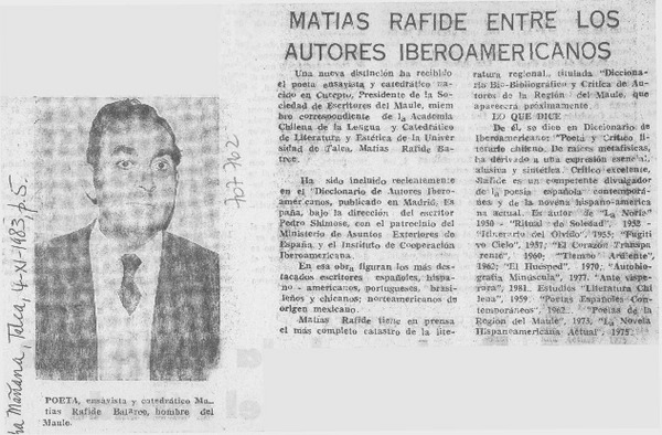 Matías Rafide entre los autores iberoamericanos.