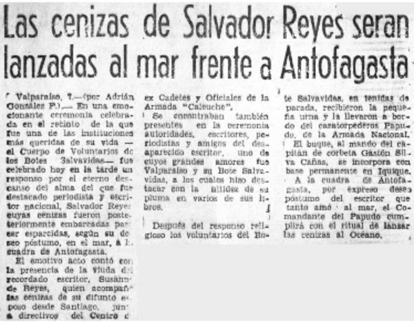 Las cenizas de Salvador Reyes serán lanzadas al mar frente a Antofagasta.