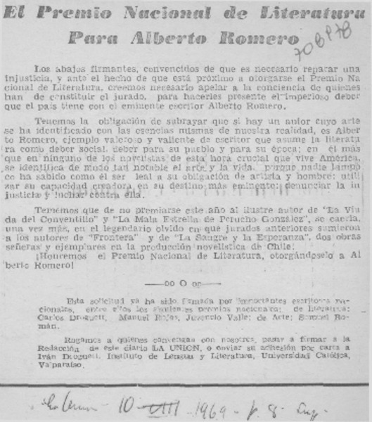 El premio nacional de literatura para Alberto Romero.