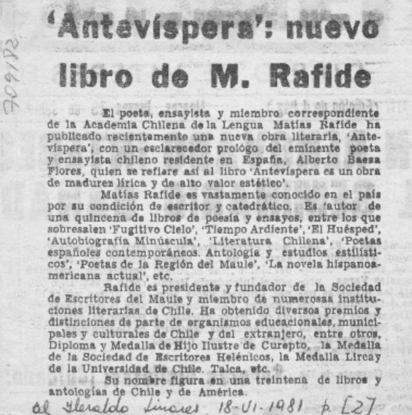 "Antevíspera": nuevo libro de Matías Rafide.