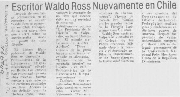 Escritor Waldo Ross nuevamente en Chile.