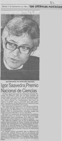 Igor Saavedra, premio nacional de ciencias.