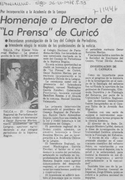 Homenaje a Director de "La Prensa" de Curicó