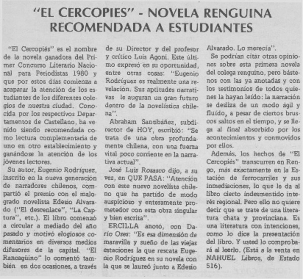 "El Cercopiés" novela renguina recomendada a estudiantes.