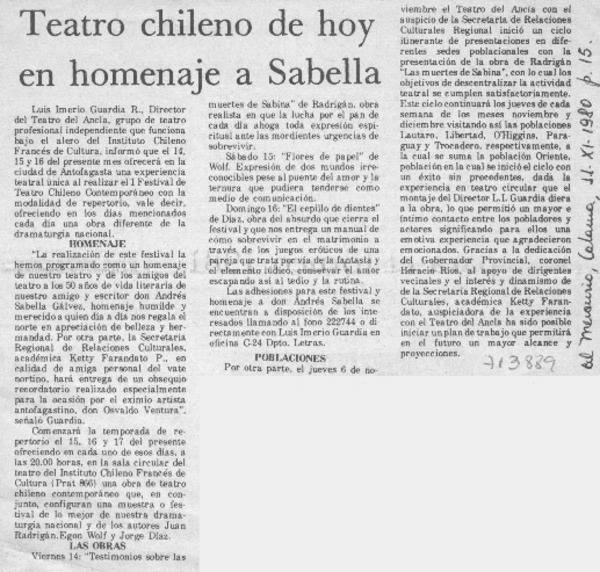 Teatro chileno de hoy en homenaje a Sabella.
