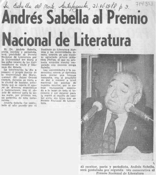 Andrés Sabella al Premio Nacional de Literatura.