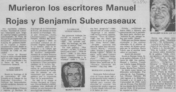 Murieron los escritores Manuel Rojas y Benjamín Subercaseaux.