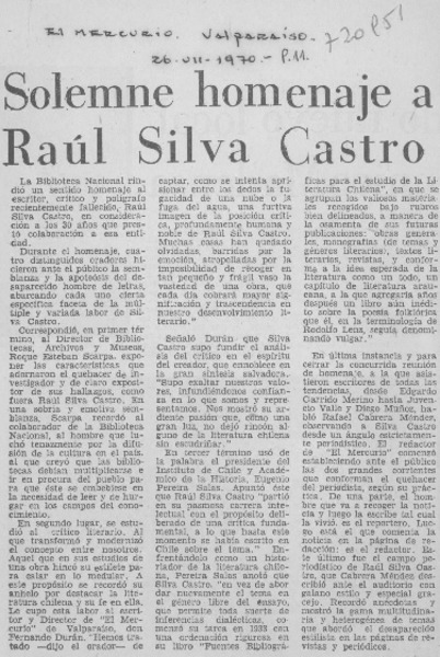 Solemne homenaje a Raúl Silva Castro.