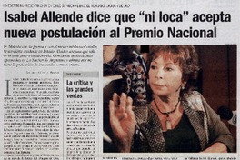 Isabel Allende dice que "ni loca" acepta nueva postulación al Premio Nacional