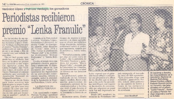 Periodistas recibieron premio "Lenka Franulic"