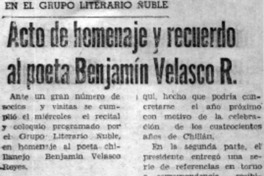 Acto de homenaje y recuerdo al poeta Benjamín Velasco R.