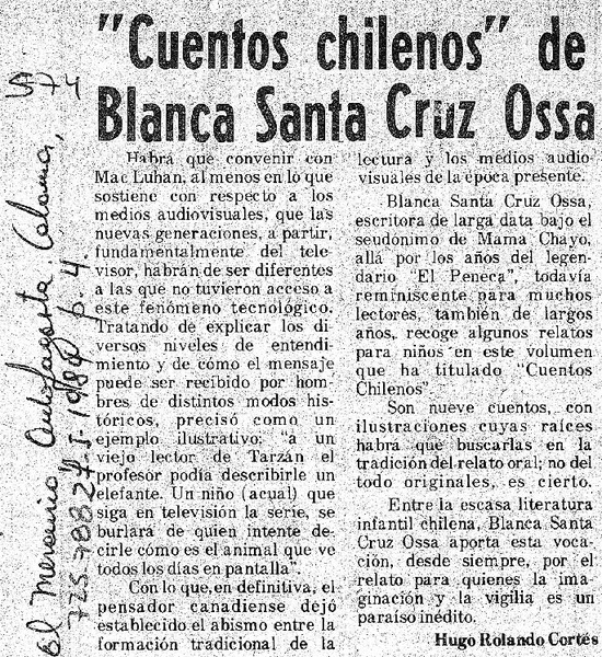 "Cuentos chilenos" de Blanca Santa Cruz Ossa