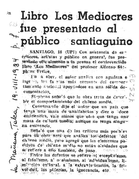 Libro Los Mediocres fue presentado al público santiaguino.