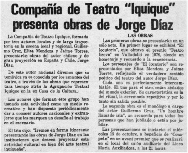 Compañía de teatro "Iquique" presenta obras de Jorge Díaz.